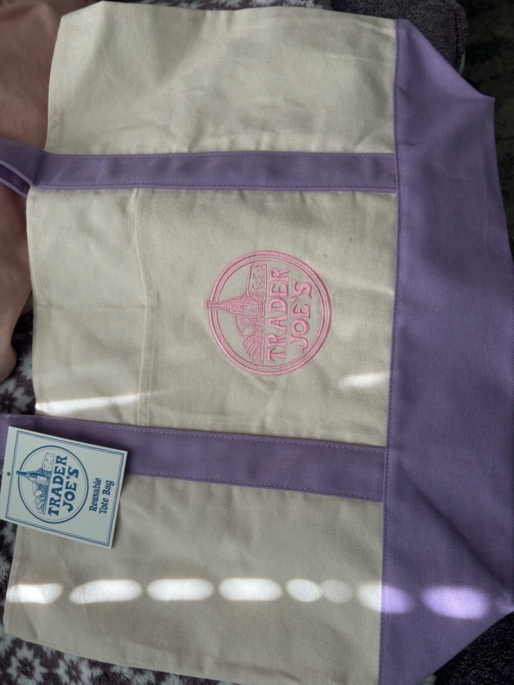 Trader Joe's Cream and Lavender Canvas Tote